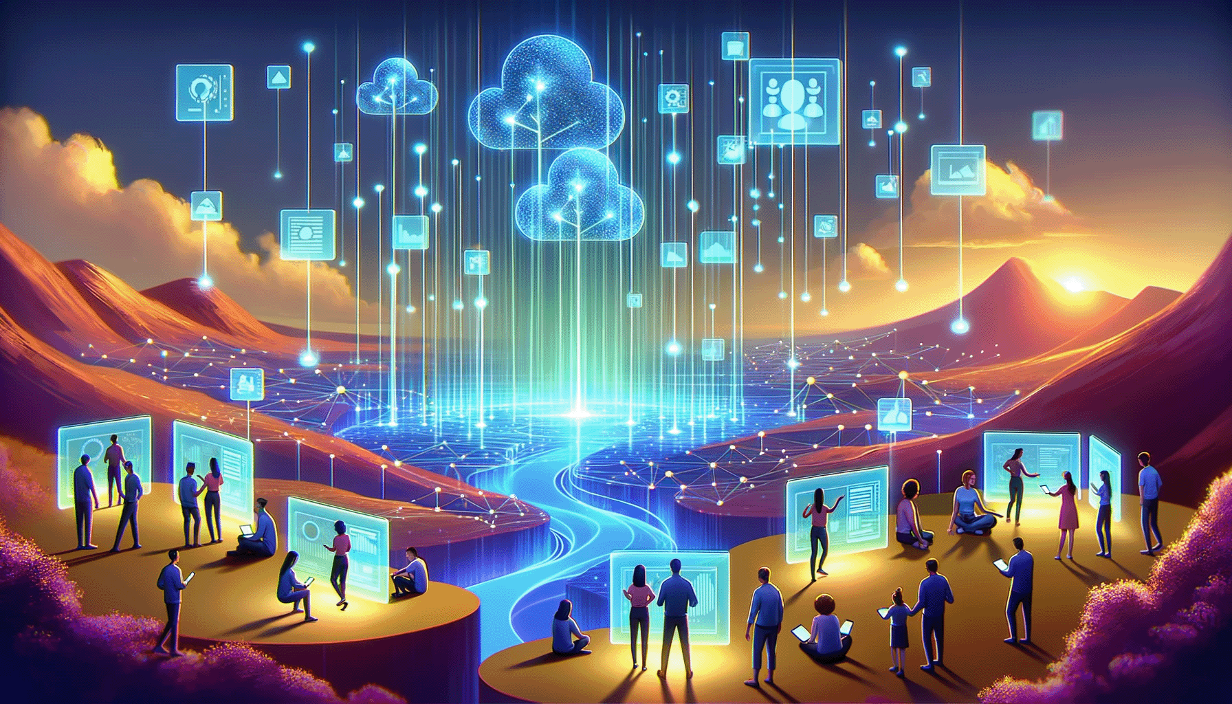 DALL·E 2023-10-30 16.00.07 - Illustration of a digital landscape with glowing nodes and pathways representing seamless data integration. In the foreground, people from different d