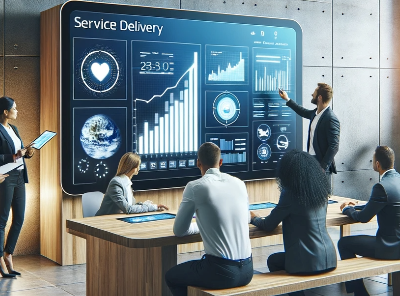 DALL·E 2023-10-27 17.43.36 - Photo of a modern office space with employees collaborating around a digital touchscreen table. The table displays graphs and data. Nearby, theres a  (2)